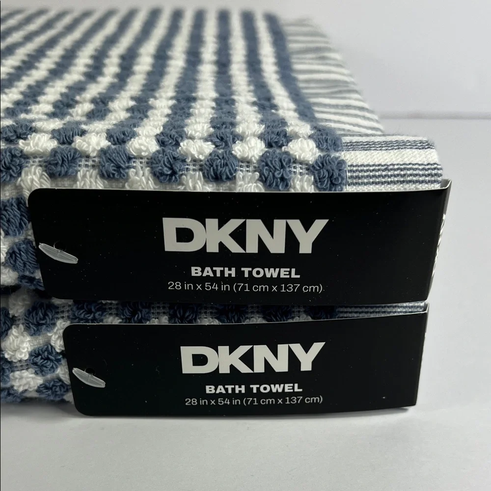 DKNY Bath Towels Blue & White Gingham Check Dots 100% Cotton Set of 2 NEW